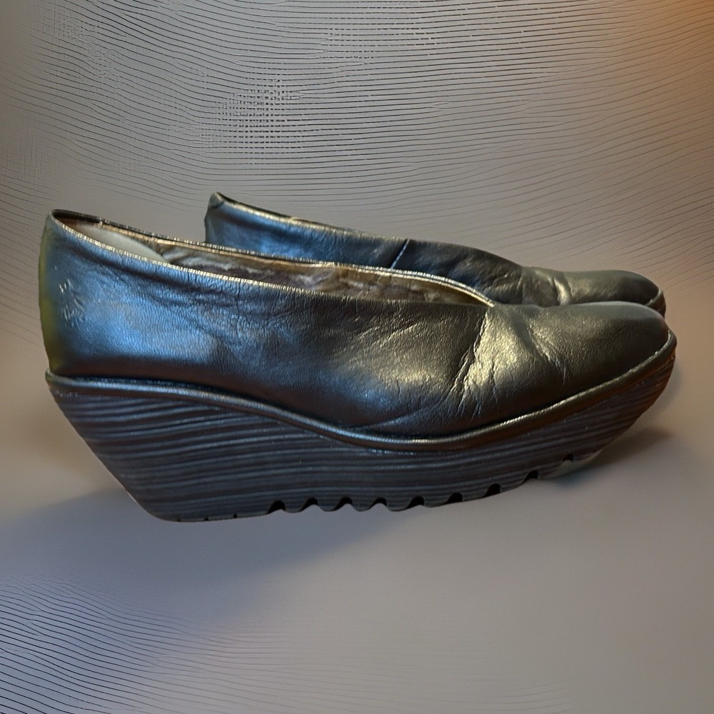 Fly London Yaz Black Leather Comfort Platform Wedge Heels Womens  EU 40 US 9-9.5